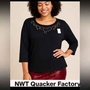 NWT Quacker Factory by Jeanne Bice Black Rhinestone Embellished Top Women’s 2X